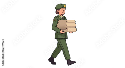 Soldier in uniform carrying folded towels with positive expression
