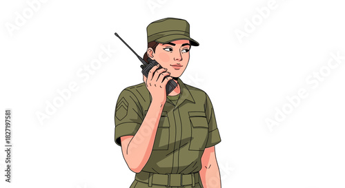 Woman soldier using radio for communication on black background