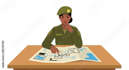Soldier in uniform planning strategy on a detailed map