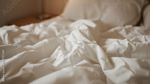 A close-up of rumpled white bed sheets and blankets in a cozy bedroom setting.