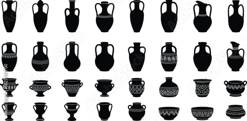 Ancient Greek vase silhouette vector collection, black antique pottery icons, and ceramic amphora set isolated on white background for history museum design.