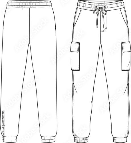Technical flat vector illustration of elastic waist cuffed joggers and cargo sweatpants for apparel CAD drawing, fashion design, product development, and specification template.