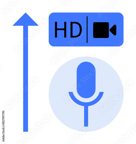 Upward arrow, HD video icon, microphone icon illustrating audio-video quality, recording, and enhancement. Ideal for communication, podcasting, streaming, meetings tutorials digital media simple