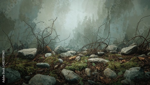 Rocks, twigs, and moss on the ground with a misty, textured wall in the background. Nature and outdoor scene. Earthy tones and natural elements.