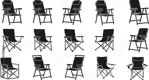 Collection of camping chair silhouettes, black vector icons of folding seats for outdoor, fishing, and beach, isolated illustration set for travel design.