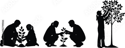 Tree planting silhouette vector set, illustrating families and individuals planting saplings and nurturing a mature tree, symbolizing environmental conservation, sustainability, 