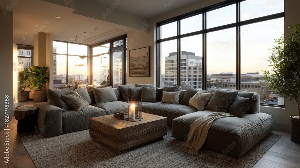 Naklejka premium Cozy modern living room with city view during sunset in urban apartment setting
