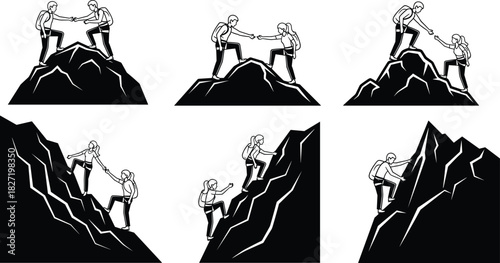 Collection of vector illustrations showing hikers helping each other climb mountains, symbolizing teamwork, partnership, support, leadership, and business success concepts.