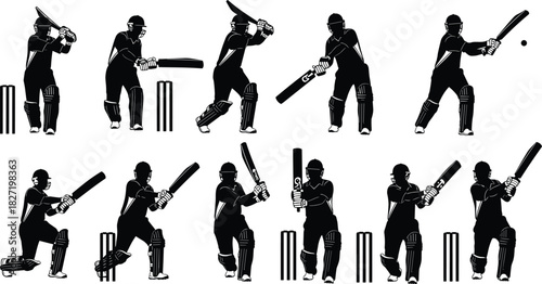 Cricket player silhouette vector set, batsman hitting ball action poses, and sports championship icons isolated on white background for team logo design.