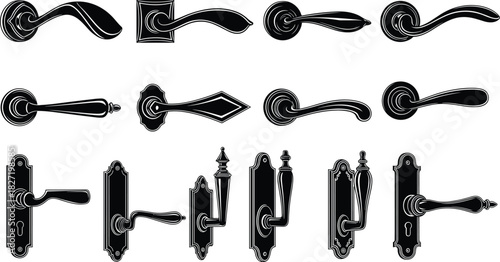 Door handle silhouette vector set, vintage knob collection, and ornate lever icons isolated on white background for interior design and home renovation.