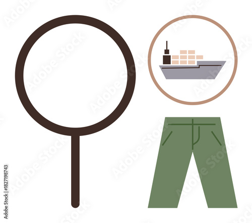 Oversized magnifying glass, cargo ship carrying containers, and green pants symbolize concepts of inspection, global trade, efficiency, and commodities. Ideal for logistics, trade, quality control