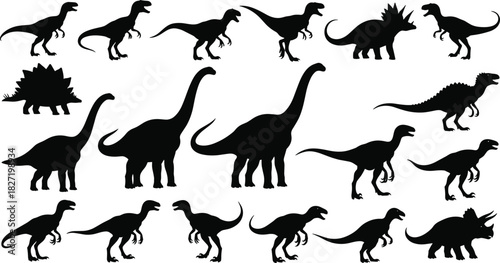 Large collection of prehistoric dinosaur silhouettes, black vector reptile icons including tyrannosaurus, triceratops and diplodocus, isolated illustration set for ancient wildlife design.