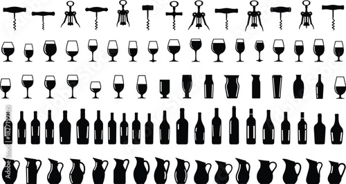 Large collection of wine silhouettes, black vector icons including corkscrews, glasses, bottles, and pitchers, isolated illustration set for restaurant or bar menu design.