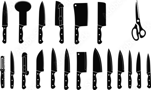 Large set of kitchen knife silhouettes, black vector icons including chef blades, butcher cleavers, and scissors, isolated illustration for restaurant menu design.