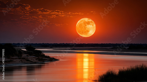 Stunning orange sky reflects over Ganges as sun sets, casting warm glow on tranquil waters