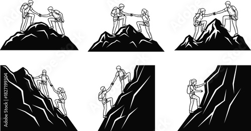 Mountain climbing teamwork vector illustration set, hikers giving helping hand on cliff, success and leadership concept isolated on white background for business design.