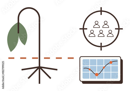 Wilting plant and dotted line, group in aim reticle, and chart with rising points. Ideal for business setbacks, strategies, goals, problem-solving, growth, efficiency simple flat metaphor