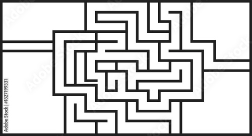 Rectangular maze vector illustration, black and white labyrinth puzzle game isolated on white background for logic challenge and problem solving design.