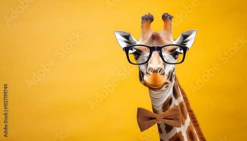 a giraffe wearing glasses and a bow tie against a solid yellow background looking at the camera