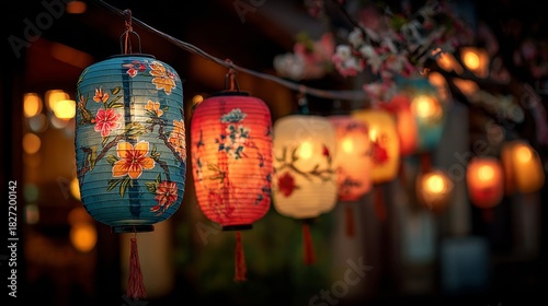 Colorful lanterns glowing at night create a festive atmosphere in a cultural celebration venue