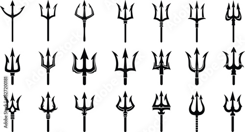 Trident silhouette vector collection, black pitchfork weapon icons, and ancient spear symbols isolated on white background for mythology logo and sea god design.