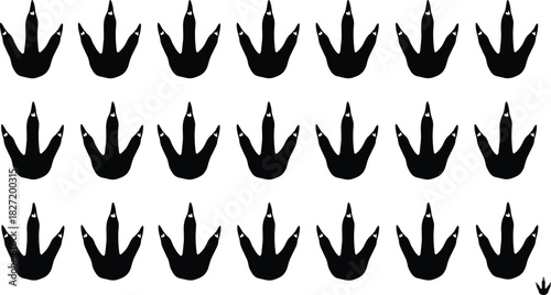 Vector illustration of black dinosaur footprints set on white background, prehistoric animal tracks pattern, T-rex paw print silhouette collection, isolated reptile icons.