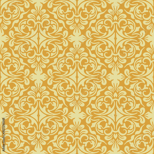 Gold damask pattern vector in a seamless classic style, an elegant damask pattern vector for luxury decorative design, perfect refined damask pattern vector for textiles and wallpapers
