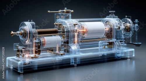Transparent rendering of a complex machine with gears and mechanisms detailed and illuminated