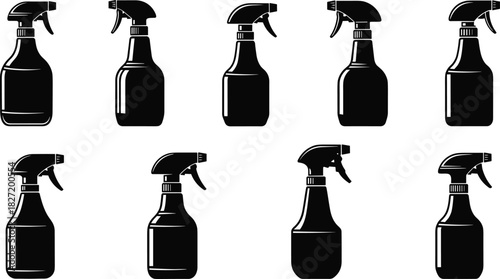 Vector illustration of black spray bottle silhouette set, cleaning container icon collection, isolated water sprayer on white background, plastic dispenser symbols.