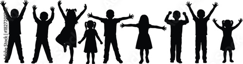 Vector illustration of happy children silhouettes with raised hands, group of joyful kids standing together, celebrating success, isolated black figures on white background.