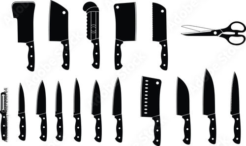 Vector illustration of kitchen knife and cleaver silhouette set, butcher tool collection, cooking utensil icons, chef cutlery symbols, sharp blade isolated on white background.