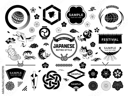 和風フレームとアイコンのデザイン素材セット