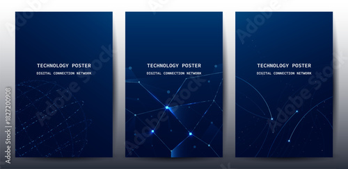 Futuristic digital blue line technology poster set, glowing lines innovation and connection network background for tech event poster or presentation product business