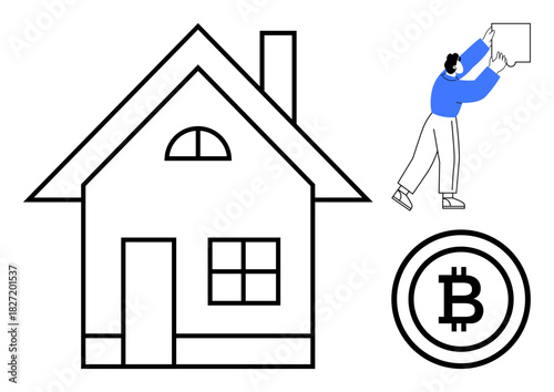 Real estate and cryptocurrency concept. House icon, Bitcoin symbol, and person holding empty sign modern real estate investment with cryptocurrency. For fintech, blockchain, housing market