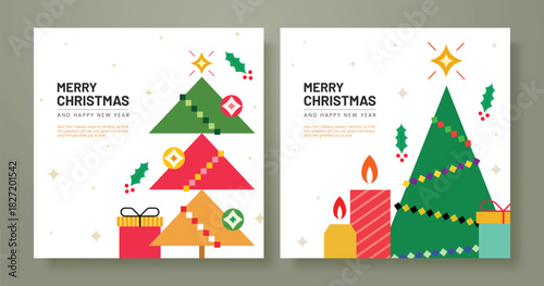 Set of modern flat Christmas greeting card templates featuring geometric trees, candles, holly, ornaments, and gift boxes. Perfect for holiday cards, posters, social media, and seasonal invitations.