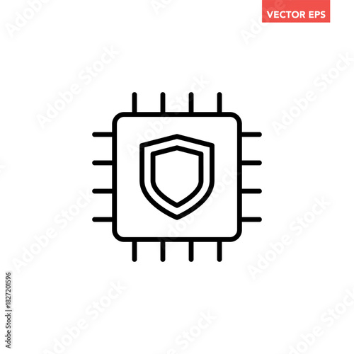 Black single security chip line icon, simple digital cyber protection shield  flat design infographic pictogram vector for app logo web button ui ux interface elements isolated on white background