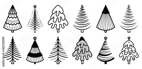 Black line Christmas tree vector icon set. Winter monochrome signs. Various types of fir, spruce, pine with decorative patterns. Coniferous tree cliparts