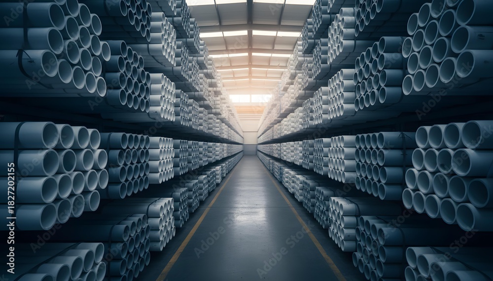 Fototapeta premium Long Warehouse Aisle Filled with Stacked PVC Pipes in Symmetrical Rows, Industrial Storage Perspective Shot