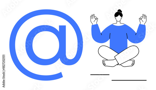 Minimalist design of person meditating in a lotus position beside a large blue at symbol. Ideal for mindfulness, digital detox, work-life balance, online focus, self-care, mental clarity, simplicity