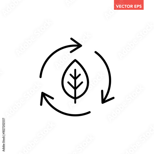 Black single organic recycle line icon. Simple round leaf ecology circle flat design vector pictogram, infographic interface elements for app logo web button ui ux isolated on white background