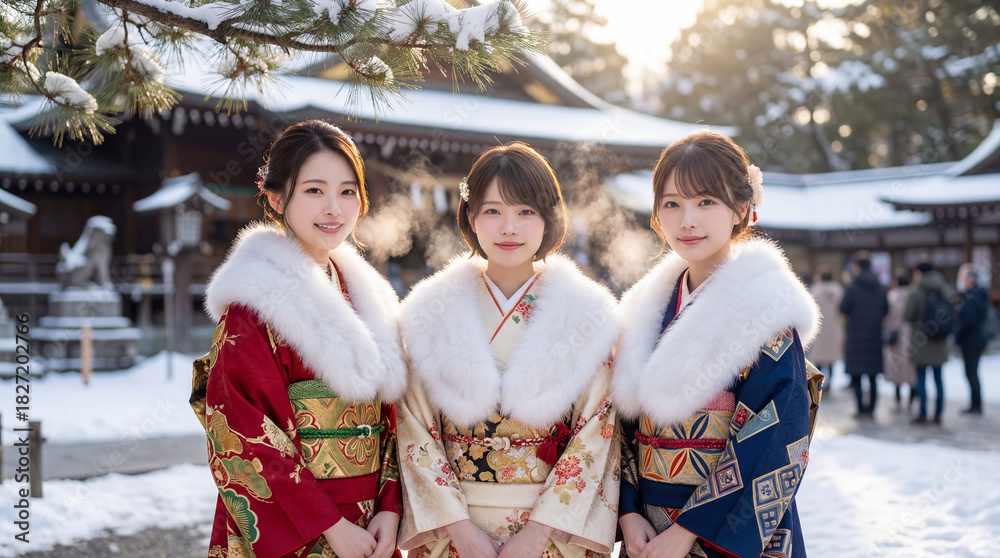 Obraz premium 初詣で神社に参拝に来た日本人女性3人