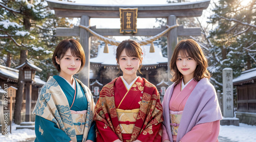 初詣で神社に参拝に来た日本人女性3人