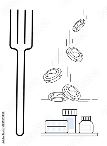 Fork, falling coins, and medication bottles on a shelf convey concepts of healthcare expenses, nutrition costs, spending, and financial planning. Ideal for health economics, medical access, pharmacy