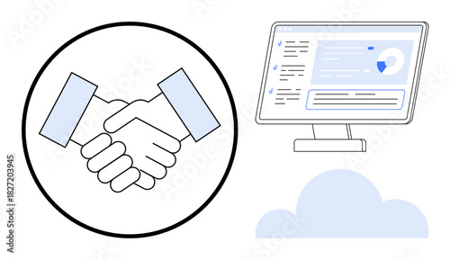 Handshake symbol for partnership, desktop screen with data analytics, cloud below. Ideal for teamwork, collaboration, business agreement, cloud computing, data sharing, IT solutions simplified