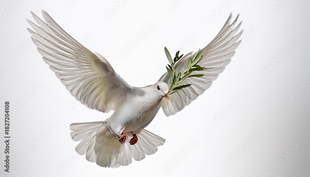 Obraz premium a white dove with olive branch in its beak flying against a white background
