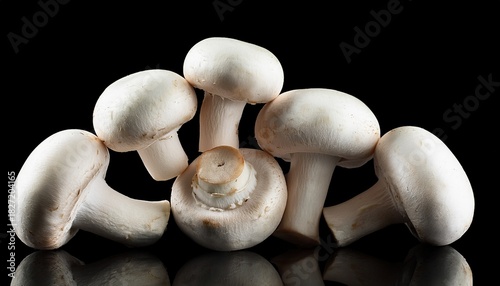 fresh white button mushrooms isolated on black background for cooking and healthy recipes use