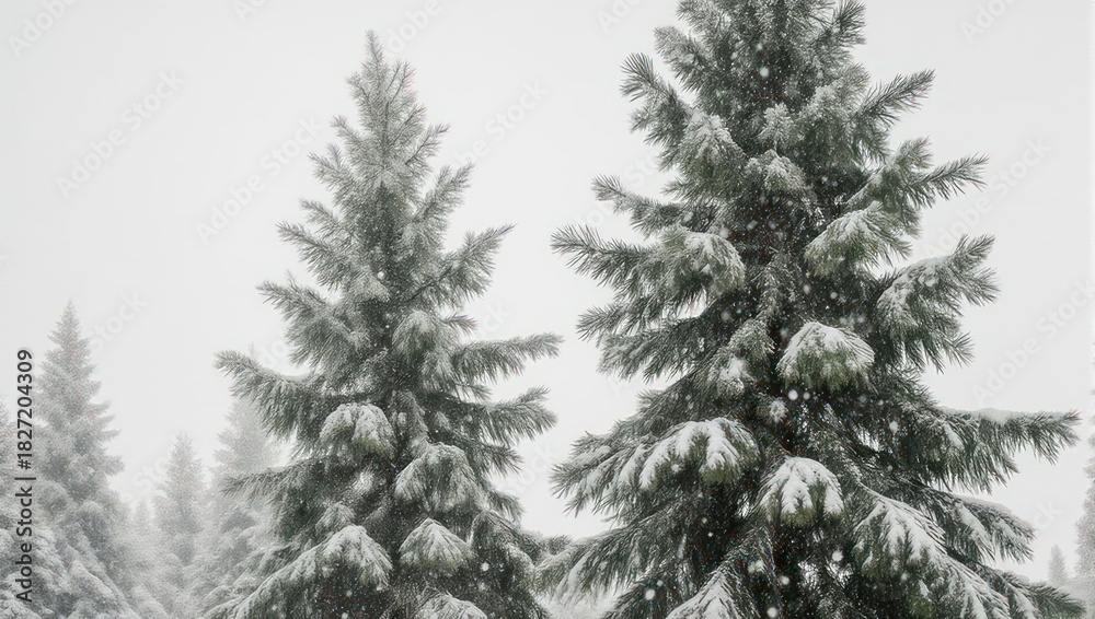 Fototapeta premium Evergreen trees blanketed with fresh snow during a winter snowfall in a misty forest
