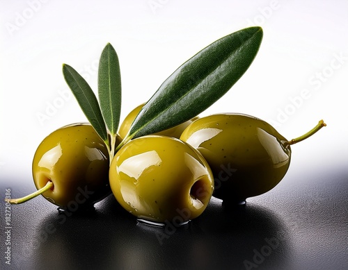 close up of several shiny olives with leaves on a completely dark surface on white background