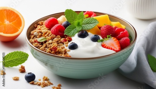 fruit and granola bowl with yogurt and mint leaves on white surface