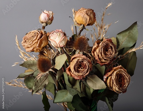 vintage dry flowers bouquet with withered roses and green leaves on gray background